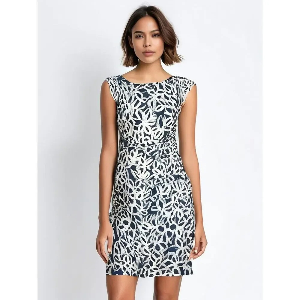Lauren‎ Ralph Lauren Women's Size 2 Gray/White Leaf Print Sheath Dress